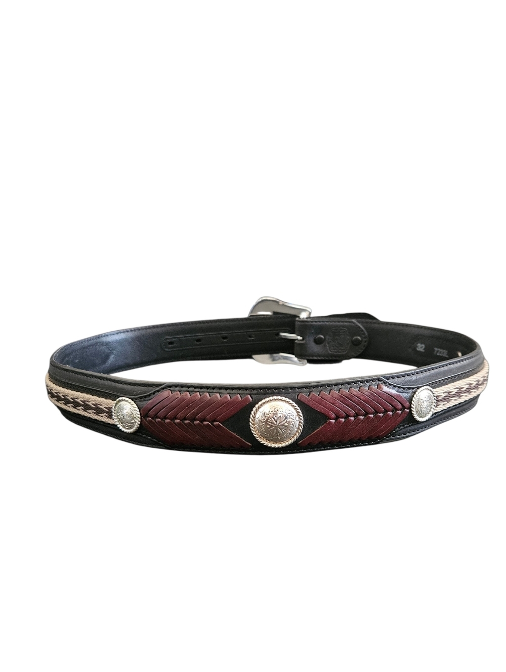 Tony Lama "The Duke" Men's Western Black Leather Woven Concho Belt 7233L Size 32